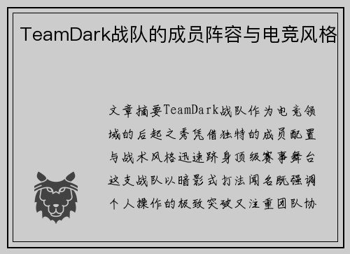 TeamDark战队的成员阵容与电竞风格