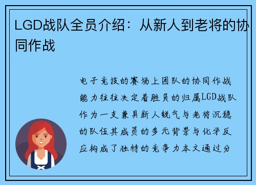 LGD战队全员介绍：从新人到老将的协同作战